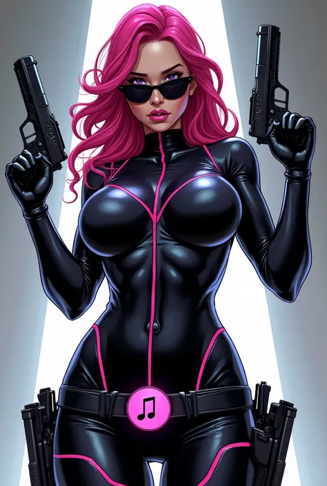 comic image, female character, Russian, with dark pink hair ,  eyelids painted black ,  with a latex spy suit super tight to her body,  with a well-defined athletic body ,  with two guns on both legs , purple eyes, with a symbol on her belt with a musical ...