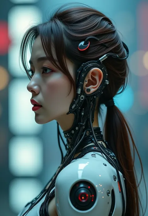 Perfect composition, Proper placement, Upper Body Shot, glowing skin, Sharp focus, A woman with numerous cables protruding from the side of her head:1.8, Semiconductor circuit built into the side of the head:1.8, Exquisite digital art, Complex Transhumanis...