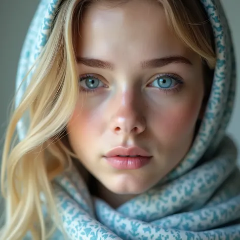 detailed plan , Russian woman&#39;s face, young , close up detailed , piel muy blanca, very beautiful, Long wavy blonde hair,  light blue eyes blue and white scarf, face photo, close up, 8k photo quality, realistic details, ultra definition. 