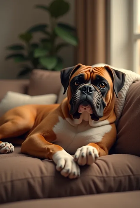 A  boxer dog laying on couch