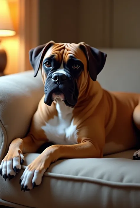 A  boxer dog laying on couch