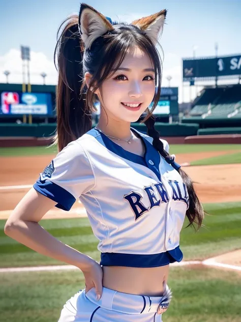 8k, High resolution, Very detailed, One Japanese woman,cute, Age 27,The best smile, Safeco Field,Vibrant,Cheerleader,dance, Very accurate description, beautiful girl、Very detailed depiction, (Fox Ears:1.2), , (Baseball field background:1.5), (((Ponytail 1....