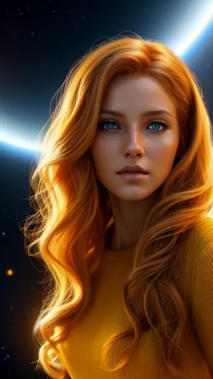 young blonde woman dressed in the sun, yellow eyes, long curly orange hair coming out of a black hole in the center of the galaxy, consistent realistic image macro ultra hd 8k vivid.
@IARTVIRTUAL