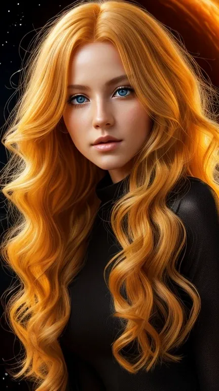 young blonde woman dressed in the sun, yellow eyes, long curly orange hair coming out of a black hole in the center of the galaxy, consistent realistic image macro ultra hd 8k vivid.
@IARTVIRTUAL