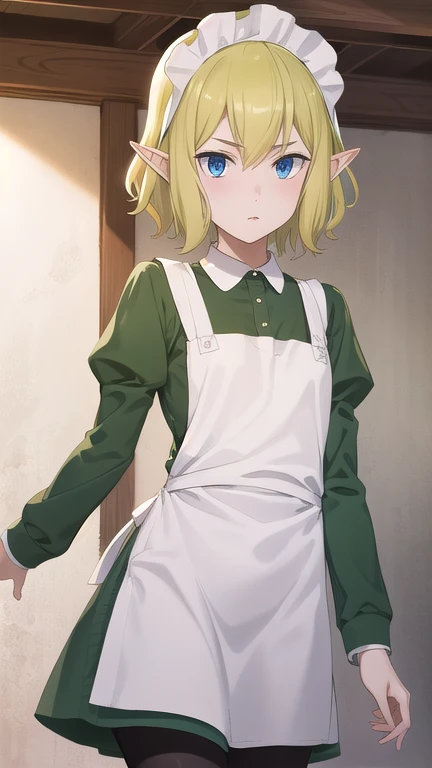 1girl, (ryu lion, blonde hair, blue eyes, elf, hair between eyes, pointy ears, short hair, (small breast:1.2)), 
BREAK apron, black pantyhose, dress, green dress, long sleeves, maid, maid apron, maid headdress, pantyhose, white apron,
BREAK standing,
BREAK...