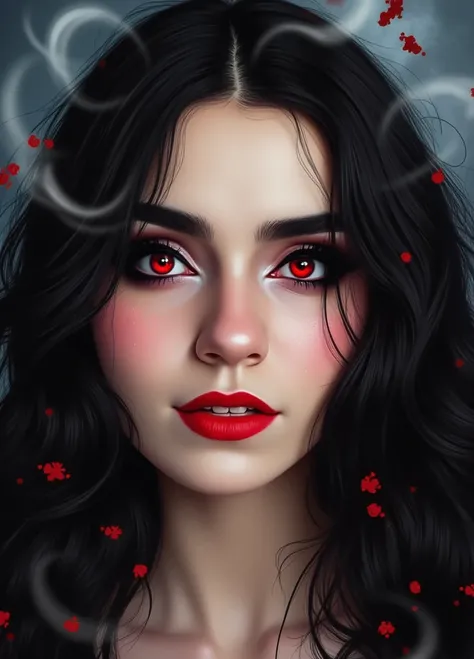 FredFraiStyle, aidmaMJ6.1, drkfnts style An incredibly detailed portrait illustration of a captivating vampire, viewed from a dynamic angle that emphasizes her alluring yet dangerous nature. The vampires face fills the frame, her porcelain white skin glowi...