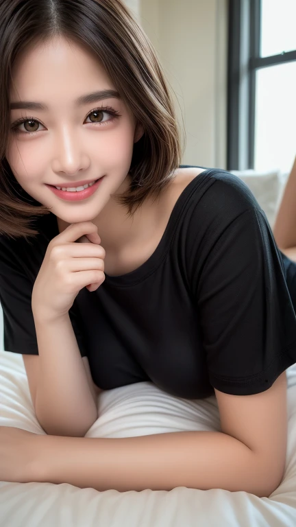 Selfie、Black clothes、Light clothing、Laughing、bed、Lying down、Very short hair、short、ベリーshortカット、Best Quality, shape, 超detailed, detailed, High resolution, 8K wallpaper,  perfect dynamic composition ,  beautiful attention to detail, dress,Medium Hair, Small b...