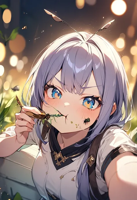 1girl, Sitting Girl, meal, (Eating insects:1.6), smug_ness, fantasy_clothed, close_up of body, (Gnawing at insects:1.6), ((beautiful eyes)), Selfie, bokeh