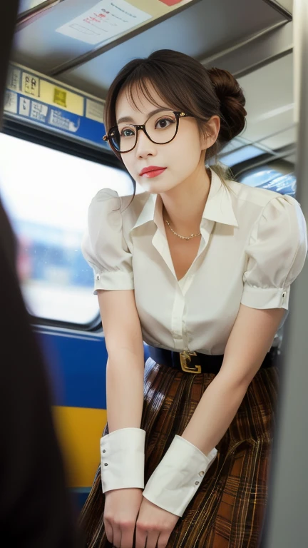 (masterpiece, highest quality, ridiculous, high resolution),  sharp focus 、(((from below, lower body, looking down)))、Age 25、Japanese women、Frameless Glasses、female teacher.、 bun hair with long hair tied together at the back、 gorgeous lighting and delicate...