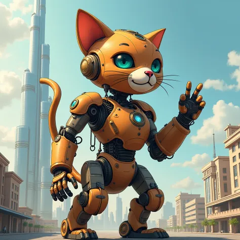 Illustration, steampunk cat-shaped robot making a peace sign, other hand resting on the tip of the Burj Khalifa, the cat-shaped robot is super-sized and overwhelmingly large, the same height as the Burj Khalifa, brown tiger in colour, tail long and reaching upwards.