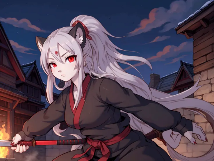 kunoichi, kunoichi clothing, katana, holding katana, long curvy blade, red hamon, long curly silver hair, blackish red eyes, black skin