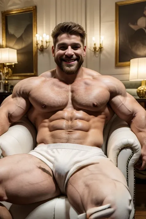 Hulk wit clothes and hair and sitting on a white armchair (Big and muscular body) short lime colored beard smiling expression. short hair. chest hair, arms, sitting on an armchair in a large room with living room decoration and in a pose with the arms over...