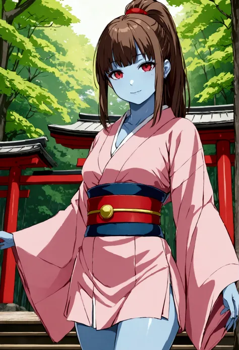 snkegirls, 1girl, solo, blue skin, (brown hair), cowboy shot, smile, red eyes,small breasts,looking at viewer, (pink kimono), japanese forest, shrine, bangs,ponytail,contrapposto,wide sleeves,long sleeves,cleavage,covered legs,( best quality, masterpiece) 