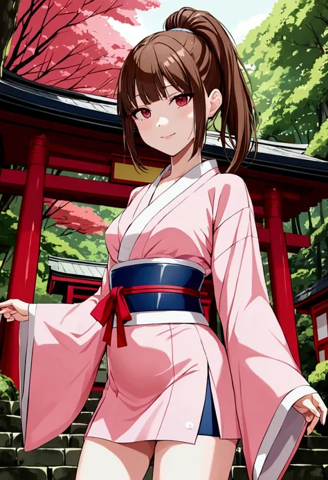 snkegirls, 1girl, solo, blue skin, (brown hair), cowboy shot, smile, red eyes,small breasts,looking at viewer, (pink kimono), japanese forest, shrine, bangs,ponytail,contrapposto,wide sleeves,long sleeves,cleavage,covered legs,( best quality, masterpiece) 