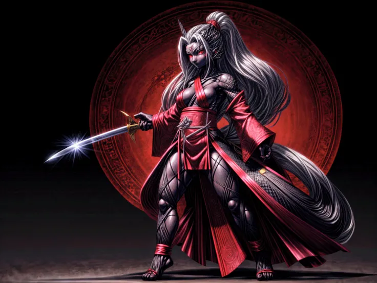 kunoichi, kunoichi clothing, katana, holding katana, long curvy blade, red hamon, long curly silver hair, blackish red eyes, ((black skin)), ((((full body))))