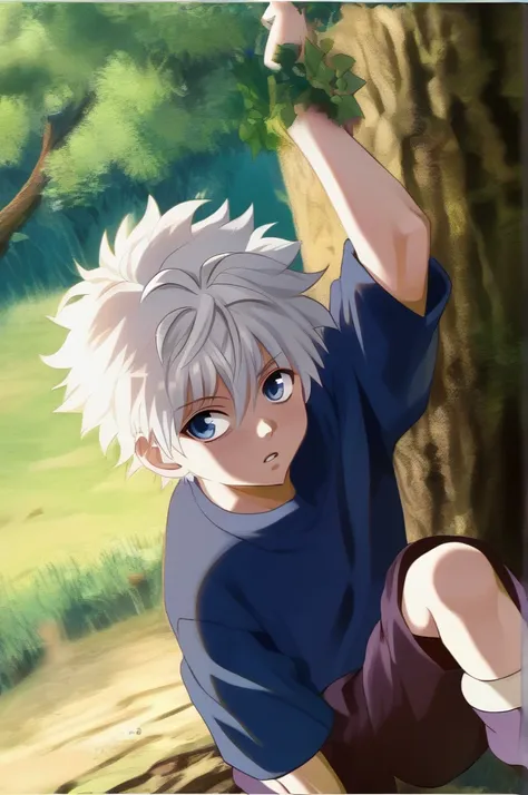 killua_zoldyck, 1 boy, alone, short hair, blue eyes, shirt,    hair between his eyes   , white hair,   short sleeves  ,   male f...