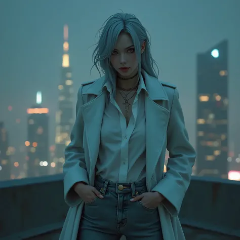 female Shogo Makishima the 2118s gangster aesthetic,Smirk, reminiscent of Thomas Shelby from "psycho pass." She wears an iconic long, white overcoat paired with a white shirt and gray slim denim pants, exuding power and authority.pale skin, asymmetry long ...