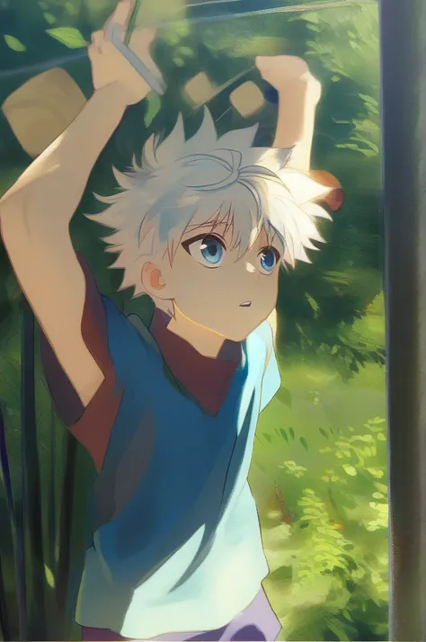 killua_zoldyck, 1 boy, alone, short hair, blue eyes, shirt,    hair between his eyes   , white hair,   short sleeves  ,   male f...