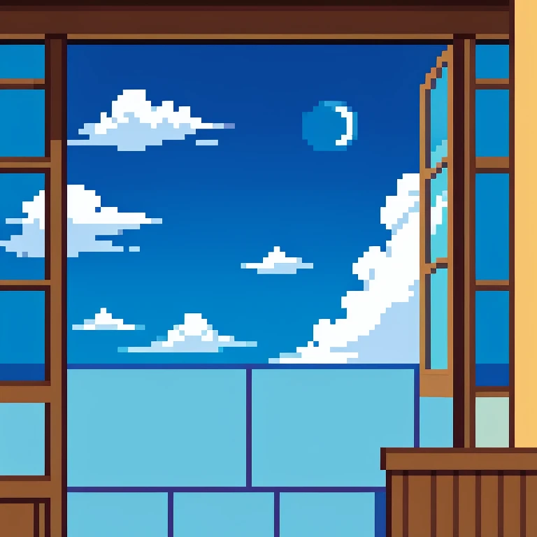 Pixel art、Anime Style、The blue sky beyond the window