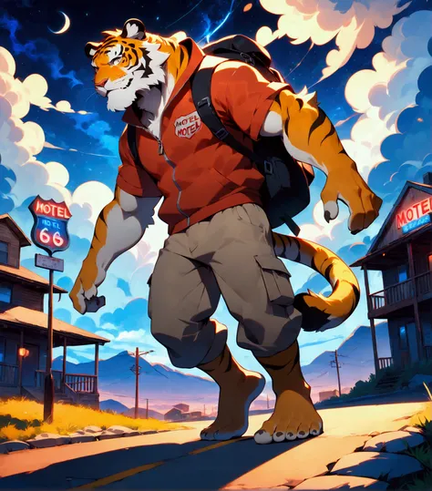 american country, backpacker, plump middle-aged tiger man, happy, little smile, backpack, baseball cap, costume, half pants, detailed sneaker, standing, hiking, dynamic pose, quantum electromagnetic life form night sky, location Route 66, motel, path, outd...