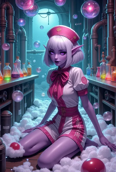 (Ultra-detailed face, Looking away, Fantasy Illustration with Gothic, Dark tone colors, Perspective looking down from above), BREAK 
(A dark elf woman is slumped on the floor in a daring pose, her body enveloped in colorful rainbow-colored bubbles that hav...