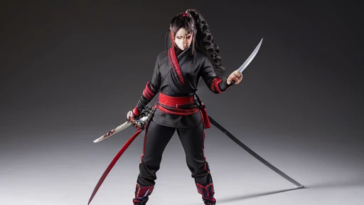 a kunoichi with long curly silver hair, blackish red eyes, holding a katana with a long curvy blade and red hamon, wearing kunoichi clothing, ((black skin)), ((((full body)))), blood splatter on her clothes