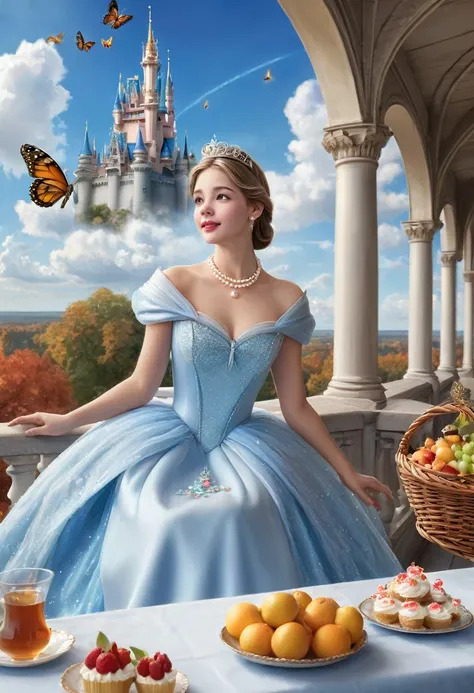 A princess, a tiara, a pearl necklace, a butterfly flying overhead, a terrace, a table, a basket with fruits and sweets, tea, blue sky, white clouds, a hint of autumn, a pleasant breeze, quiet time, Cinderella Castle, best quality, high resolution, ultra d...