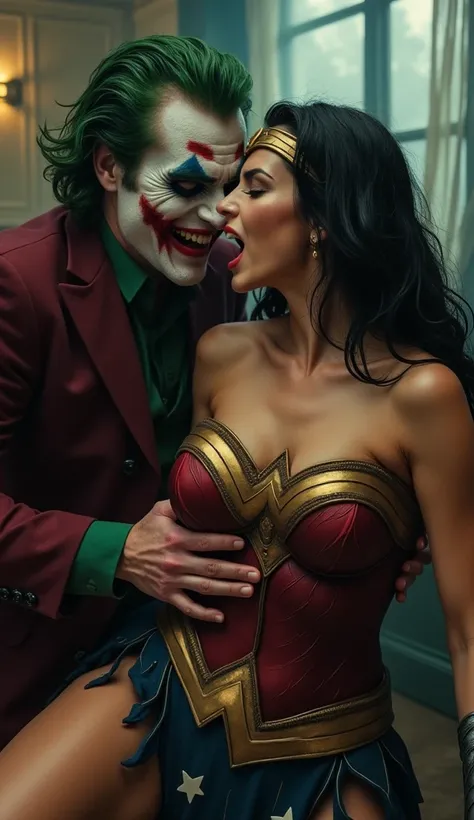  Wonder Woman is attacked by Joker、Joker rubs Wonder Womans chest 、 Joker rubs Wonder Womans crotch 、Wonder Woman has a screaming expression、Realistic、photograph、SFW:1.8、Wonder Womans nipples are visible :1.8、 Wonder Warmans clothes are in tatters :1.8、