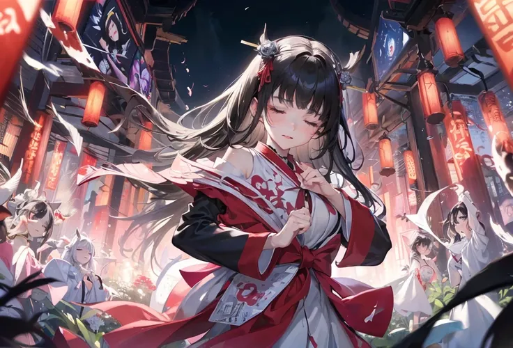 (crazy and chaos style), (master anatomy) ((pray pose)) solo:2, ((sad closed eyes)) (best blunt bangs) (black hair long hair) (best beautiful girl is 15 yo), (sad face), ((glossy lip)), (medium tits), (in a shrine maiden clothes), break, in the night in th...