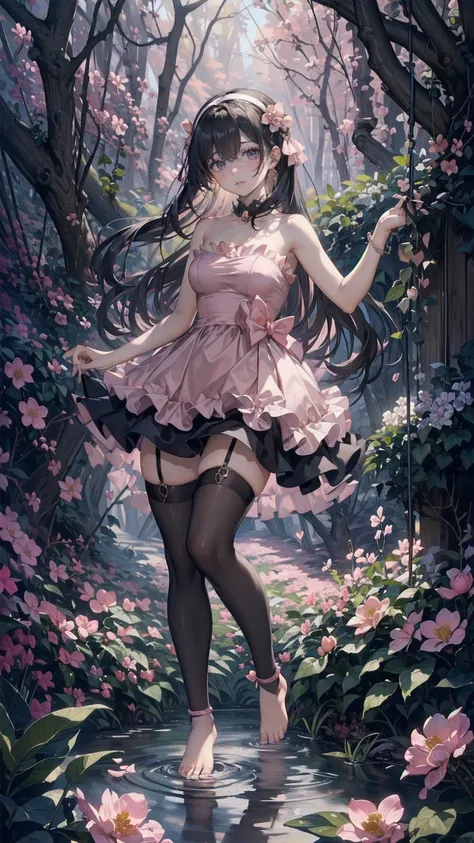 (pink strapless dress :1.5), 銀色の長いhair, black _ Hairbands, X-Shape _ Eyebrow, Hairbands, poe _ hair, 前hair, bare shoulders, Full Body Shot, black stockings, (Peach Blossom Forest:1.3)，Creek，barefoot，Soak your feet，
