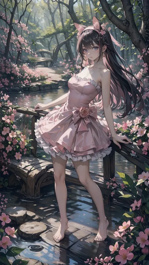 (pink strapless dress :1.5), 銀色の長いhair, black _ Hairbands, X-Shape _ Eyebrow, Hairbands, poe _ hair, 前hair, bare shoulders, Full Body Shot, black stockings, (Peach Blossom Forest:1.3)，Creek，barefoot，Soak your feet，
