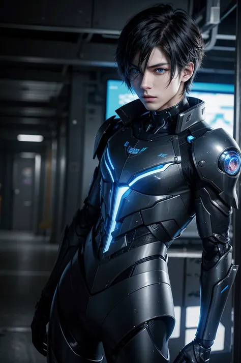  texture、whole body, whole bodyの一般的な写真,  an anime boy in a futuristic costume with blue eyes and dark hair, Cyberpunk Anime Boy,  boy equipped with mecha cyber armor .