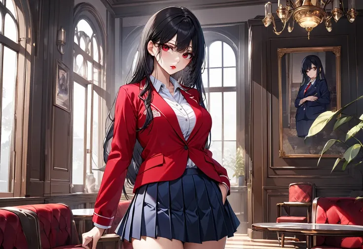 (Sad illustration), (serious style), (beautiful and detailed cool), (best delicate hime-cut) (beautiful black hair detailed long hair) (best cool girl is 18 yo), (best cool beauty red cool eyes), (serious face), ((cool makeup face, glossy lip)), (big tits)...