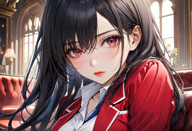 (Sad illustration), (serious style), (beautiful and detailed cool), (best delicate hime-cut) (beautiful black hair detailed long hair) (best cool girl is 18 yo), (best cool beauty red cool eyes), (serious face), ((cool makeup face, glossy lip)), (big tits)...