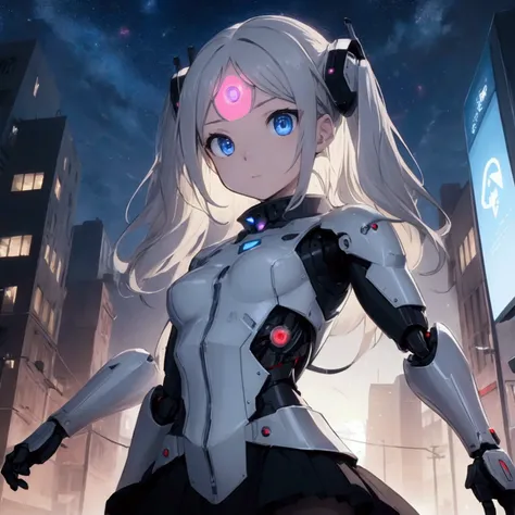  this is a robot , The background is a futuristic city with a car flying through the sky,True to the image , a light with a small heart symbol on the forehead 