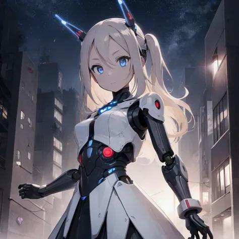  this is a robot , The background is a futuristic city with a car flying through the sky,True to the image , a light with a small heart symbol on the forehead 