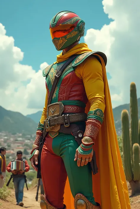 " Create a realistic image of a Northeastern Power Ranger .  Ranger must wear a modern and stylized costume ,  inspired by the traditions of the region ,  with vibrant colors such as green , yellow and red,  reflecting the June festivities .  The costume d...