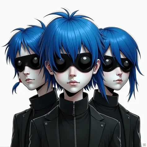 2D gorillaz bandmembers with blue hair, completely black eyes, detailed facial features, jamie hewlett art style, black and white illustration, hyper detailed, photorealistic, masterpiece,8k,highly detailed,sharp focus,professional studio lighting,depth of...