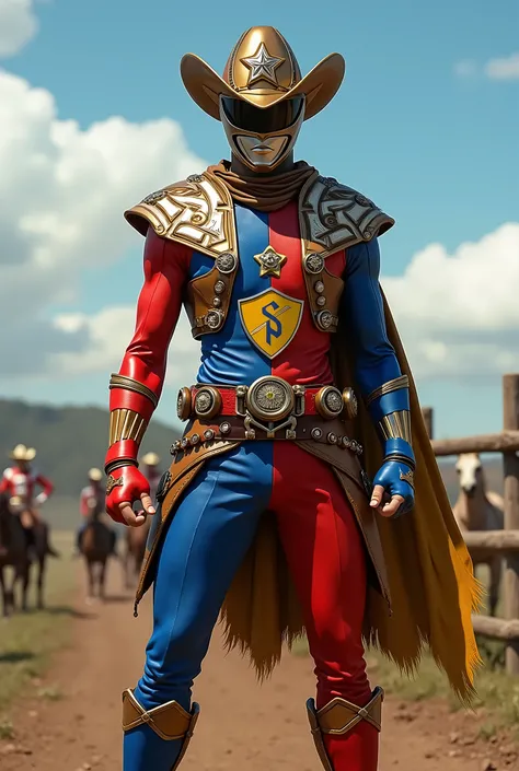 " Create a realistic image of a Power Ranger Gaúcho .  Ranger must wear a modern and stylized costume ,  inspired by Gaucho traditions ,  with colors that refer to the flag of Rio Grande do Sul , like red, blue and white.  The costume design must include t...