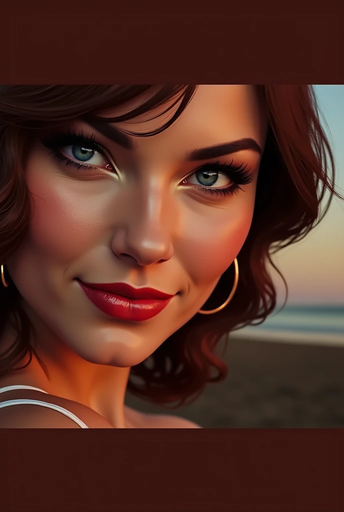 Delilah, a sophisticated and daring woman of extraordinary, standing confidently at the edge of the beach during twilight. She is barely dressed in a bold one-piece swimsuit that barely stays on, revealing all her curves and accentuating every inch. Her po...