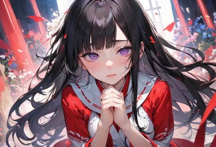 (Sad illustration), (crazy and chaos style), (master anatomy) ((pray pose)) solo:2, ((sad violet half closed eyes)) (best blunt bangs) (black hair long hair) (best beautiful girl is 15 yo), (sad face), ((glossy lip)), (medium tits), (in a shrine maiden clo...