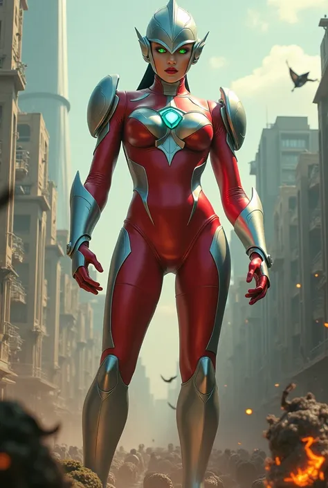 Full body image, standing, Princess Zelda giant, (red with silver costume:1.5), as Ultraman, immensely large breasts1, very tight body suit, heavy makeup on her face, light blue jewel on the breastplate, helmet on head, red lipstick on her mouth, (she gree...