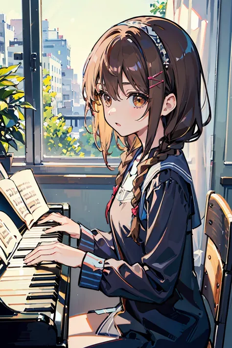 1 girl, (Playing the piano), (Singing with Acoustic Guitar),Performance, sit, cute, Braiding, Long Hair, Brown Hair, ( hair accessory), Vivid Expression  ,beautiful brown eyes in every detail, classroom, Colorful Hair,  STRAIGHT HAIR, beautiful, Romanticis...