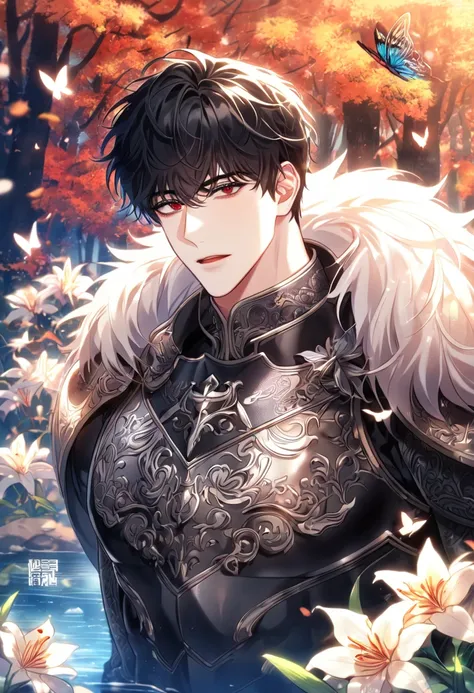 (Best quality: 1.2) absurdres, highres, ultra detailed, HDR, master piece, best quality, detailed eyes, delicated features, Manhwa Style, Kang Woojin, black hair, messy hair, without bangs,  no fringe, expressive red eyes, Love Jinx, solo, sexy man, handso...