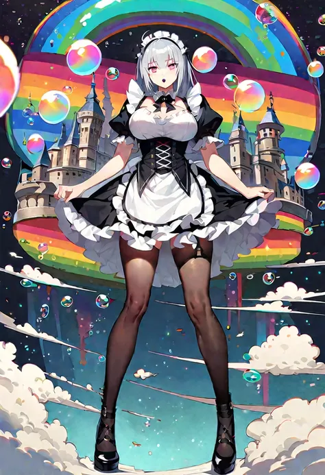 Young beautiful woman,(Best Quality,Extremely detailed depiction,Incredibly absurd high definition,Anatomically accurate,Beautiful legs,Porcelain-like skin),(Black and white gothic maid outfit,Maid Skirt,corset,Black tights),eyelash,(Silver Hair,Purple Eye...