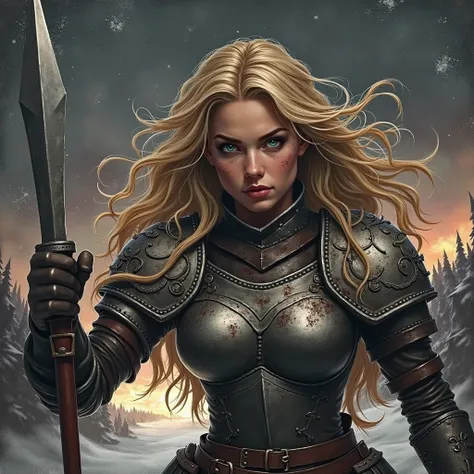 A beautiful Viking warrior girl, standing on a bloody snowy battlefield in an epic bloody battle, wearing intricately designed iron full body armor, with wavy blonde hair contrasting with the frosty atmosphere, reminiscent of Alex Greys and Dan Mumfords ar...