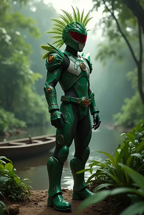 " Create a realistic image of an Acre Power Ranger .  Ranger must wear a modern and stylized costume ,  incorporating the cores of the Acre flag , like green, white and red.  The costume design should reflect the rich biodiversity of the Amazon ,  with pat...