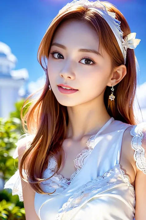 Very bright backlight, {美しくdetailedな瞳},(( big bust )), Natural and soft light, Hair swaying in the wind, beautiful,smile, Small earrings, ((Model pose)), Glamour body type,Model Body,((Narrow waist)),(Colorful Hair, Half redhead, half blonde:1.2), Real Han...