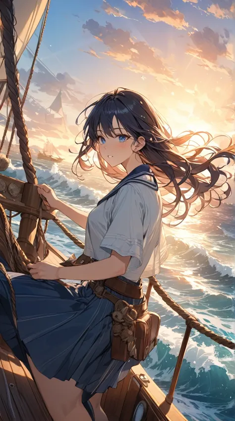 One Girl、Strong determination、Shining Eyes、Shoulder-length hair、Pirate Costume、 Hand Held Map 、 Adventurous Attitudes ,   
break,   
 Bright Ocean Light 、( Nautical Atmosphere :1.3)、Blue tint、The sound of waves、 Expectations of Adventure 、absurdres, highre...