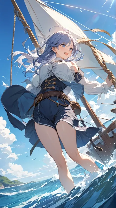 One Girl、Strong determination、Shining Eyes、Shoulder-length hair、Pirate Costume、 Hand Held Map 、 Adventurous Attitudes ,   
break,   
 Bright Ocean Light 、( Nautical Atmosphere :1.3)、Blue tint、The sound of waves、 Expectations of Adventure 、absurdres, highre...